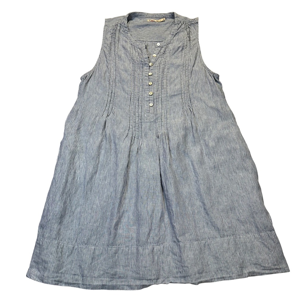 Faherty‎ Linen Dress Womens L Blue White Stripe Sleeveless Coastal Summer Pocket
